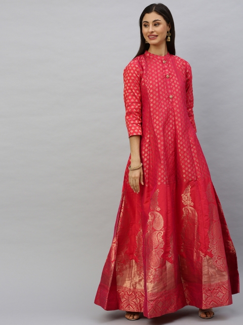 

Ishin Women Pink Woven Design Zari Silk A-Line Kurta