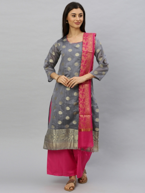 

Ishin Women Grey & Pink Woven Design Kurta with Palazzos & Dupatta