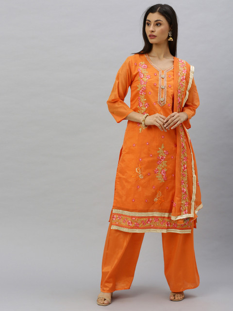 

Ishin Women Orange Embroidered Kurta with Palazzos & Dupatta