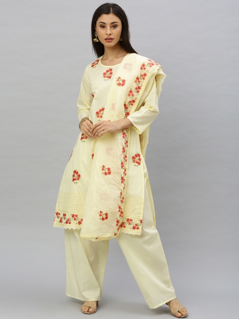 

Ishin Women Yellow Embroidered Kurta with Palazzos & Dupatta