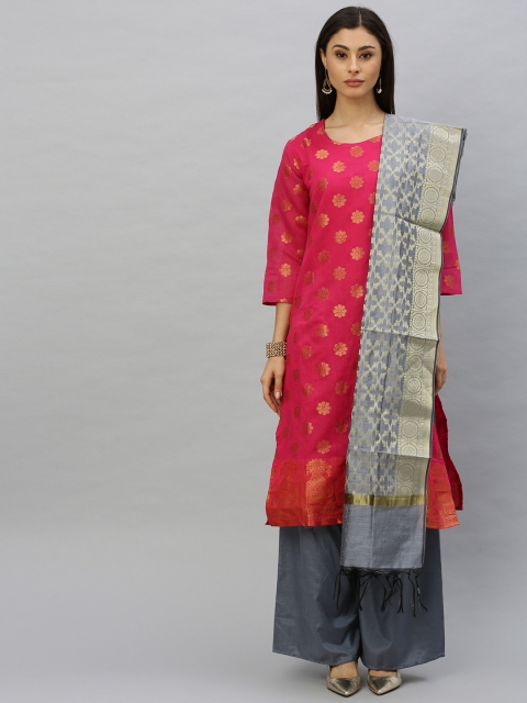 

Ishin Women Pink & Grey Woven Design Kurta with Palazzos & Dupatta