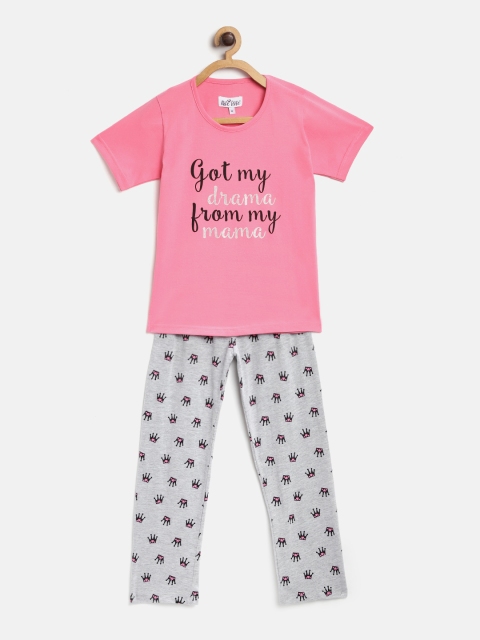 

Nite Flite Girls Pink & Grey Melange Printed Night Suit