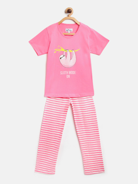 

Nite Flite Girls Pink & White Printed Night Suit