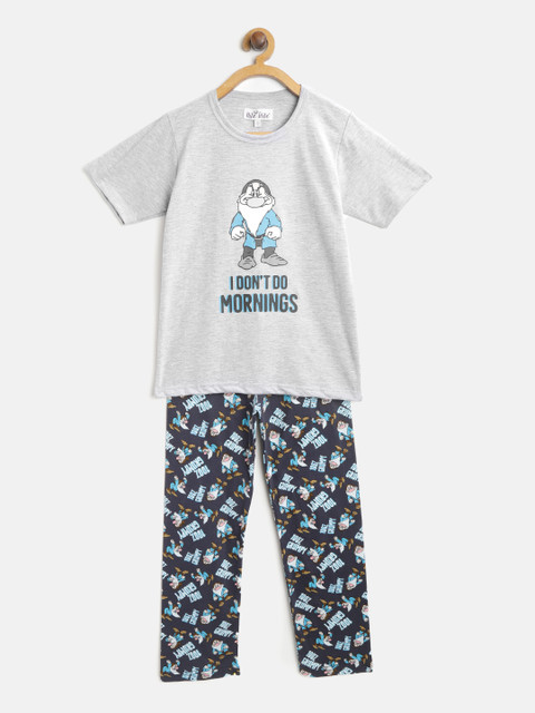 

Nite Flite Boys Grey Melange & Navy Blue Grumpy Dwarf Printed Night suit
