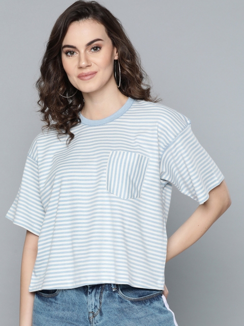 

VividArtsy Women Off-White & Blue Striped Round Neck Boxy T-shirt