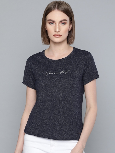 

VividArtsy Women Navy Blue Self Design Round Neck T-shirt