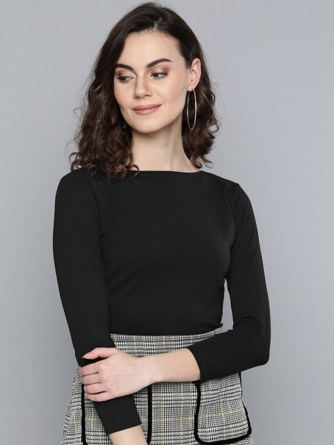 

VividArtsy Women Black Solid Boat Neck T-shirt