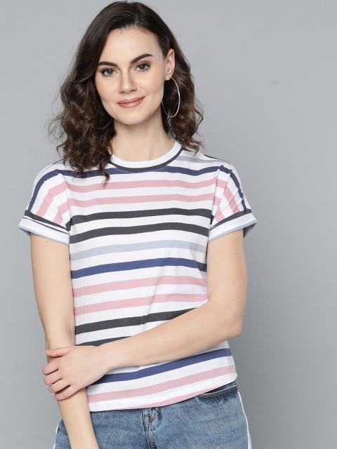 

VividArtsy Women White & Blue Striped Round Neck T-shirt