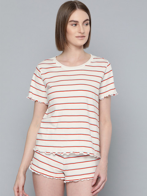 

VividArtsy Women Off-White & Red Striped Ruffled Night suit