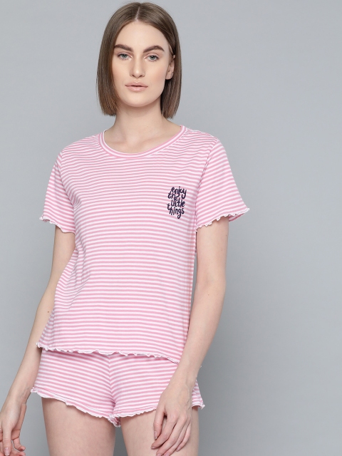 

VividArtsy Women Pink & White Striped Night Suit