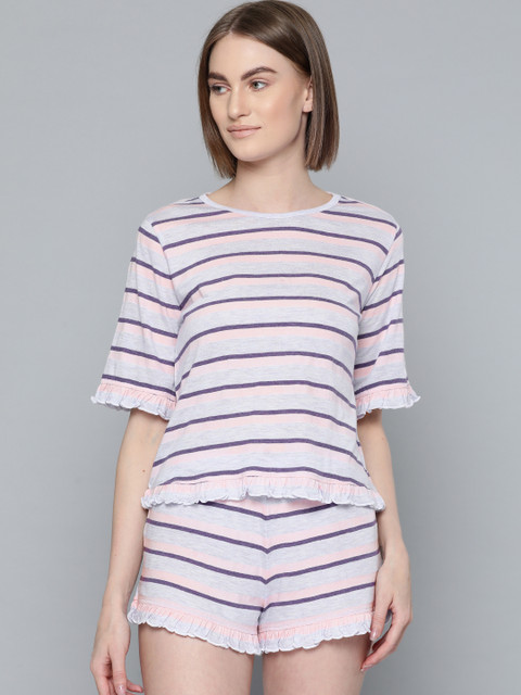 

VividArtsy Women Purple & Pink Striped Ruffled Night suit