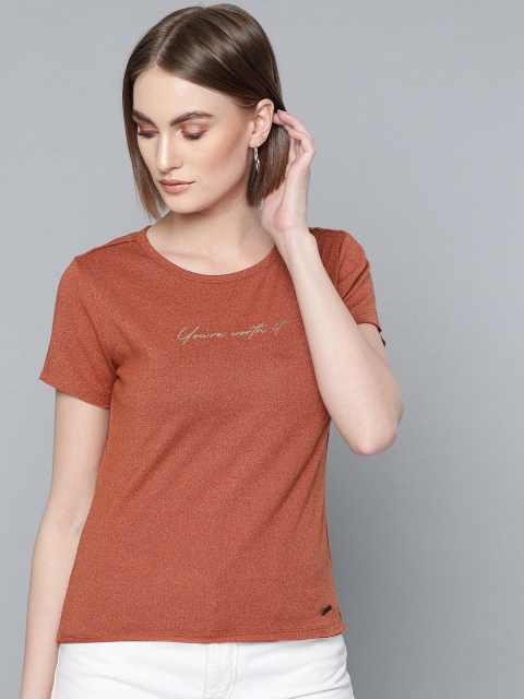 

VividArtsy Women Rust Orange Self Design Round Neck T-shirt