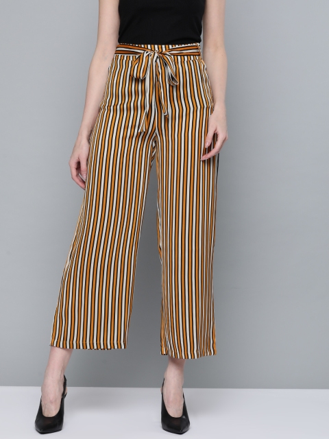 

VividArtsy Women Mustard Yellow & White Loose Fit Striped Parallel Trousers