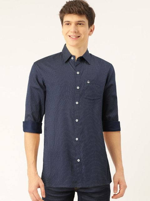 

United Colors of Benetton Men Navy Blue & White Slim Fit Polka Dots Print Casual Shirt