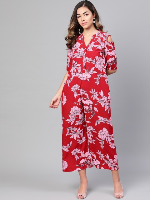 

Myshka Women Red & Pink Floral Print Basic Jumpsuit