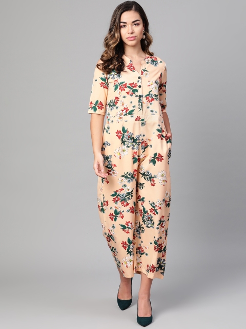 

Myshka Women Peach-Coloured & Green Printed Basic Jumpsuit