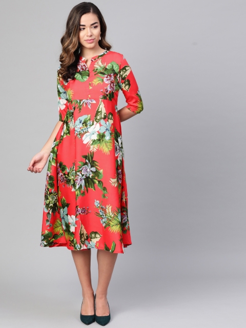 

Myshka Women Coral Red & Green Floral Print A-Line Dress
