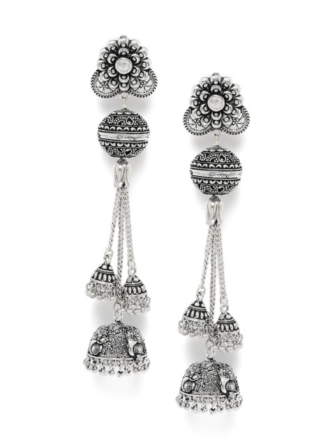 

Fida Silver-Toned Dome Shaped Oxidised Jhumkas