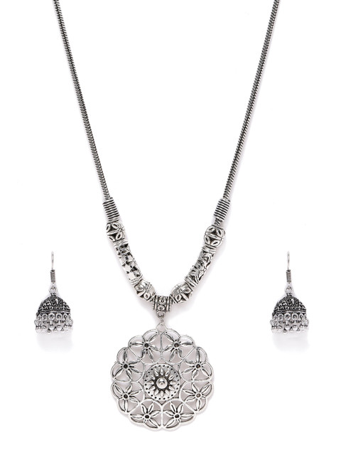

Fida Women Silver-Toned Filigree Oxidised Necklace & Earring Set