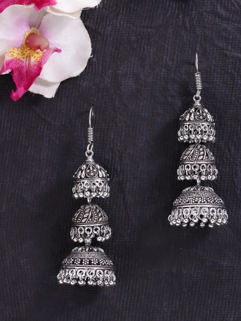 

Fida Silver-Toned Oxidised Dome Shaped Oxidised Three Layer Jhumkas