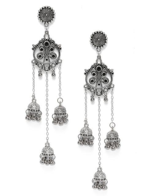 

Fida Silver-Toned Dome Shaped Oxidised Tri Jhumkas