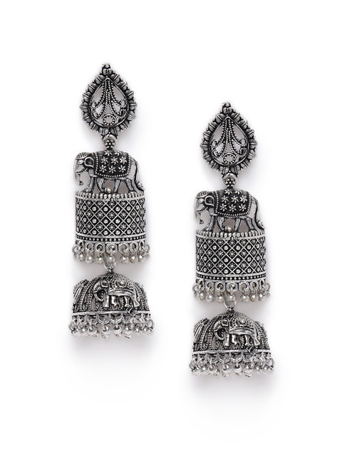 

Fida Silver-Toned Oxidised Dome Shaped Oxidised Jhumkas