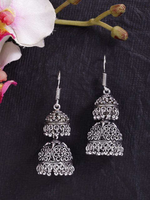 

Fida Silver-Toned Dome Shaped Oxidised Jhumkas