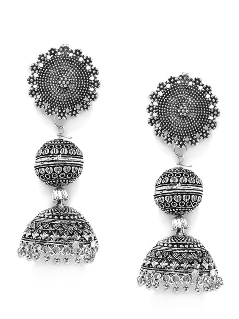 

Fida Silver-Toned Dome Shaped Oxidised Jhumkas