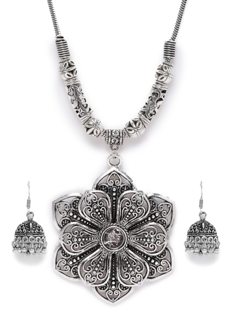 

Fida Women Silver-Toned Oxidised Tribal Necklace & Earring Set