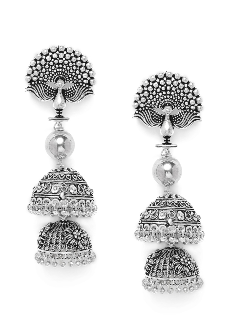 

Fida Silver-Toned Dome Shaped Oxidised Jhumkas