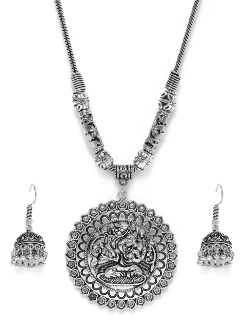 

Fida Women Silver-Toned Oxidised Ganesh Necklace & Earring Set