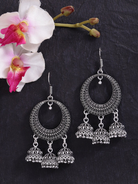 

Fida Silver-Toned Dome Shaped Oxidised Disk Jhumkas