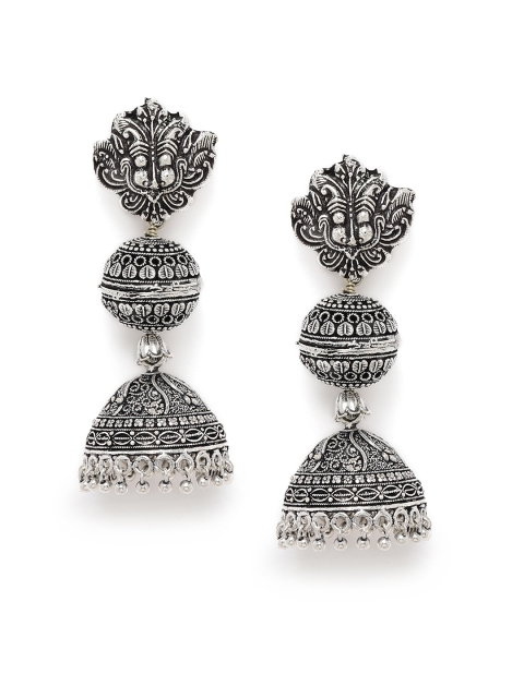 

Fida Silver-Toned Dome Shaped Oxidised Jhumkas