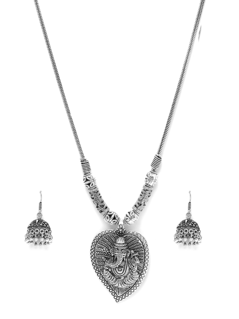 

Fida Women Silver-Toned Ganesh Oxidised Necklace & Earring Set