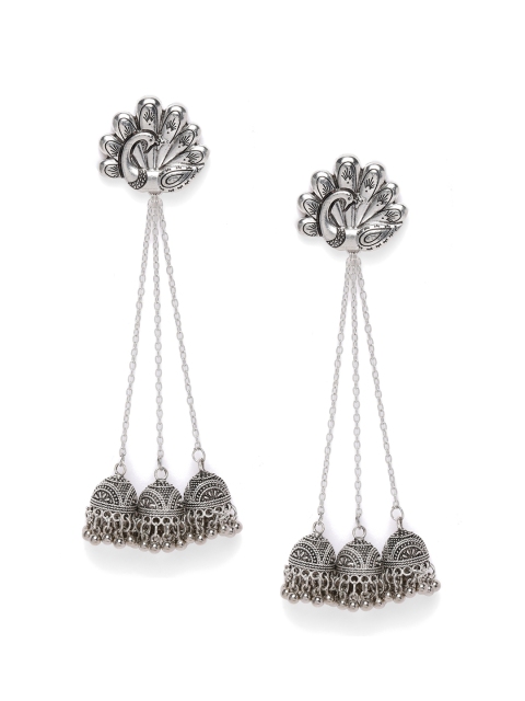 

Fida Silver-Toned Peacock Shaped Oxidised Jhumkas