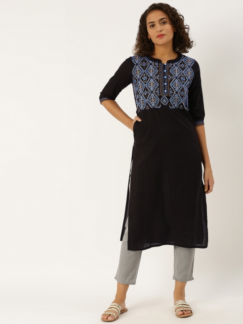 

Jaipur Kurti Women Black & Blue Yoke Design Straight Kurta
