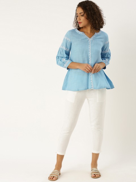

Jaipur Kurti Women Blue & White Solid Top with Trousers