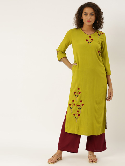 

Jaipur Kurti Women Olive Green & Maroon Solid Kurta with Palazzos