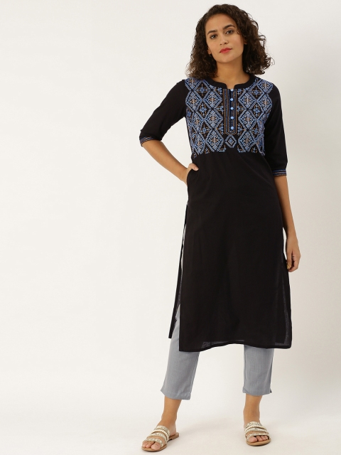 

Jaipur Kurti Women Black & Grey Yoke Embroidered Kurta with Trousers