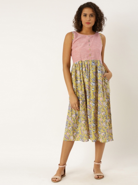

Jaipur Kurti Women Pink & Yellow Printed Fit and Flare Dress