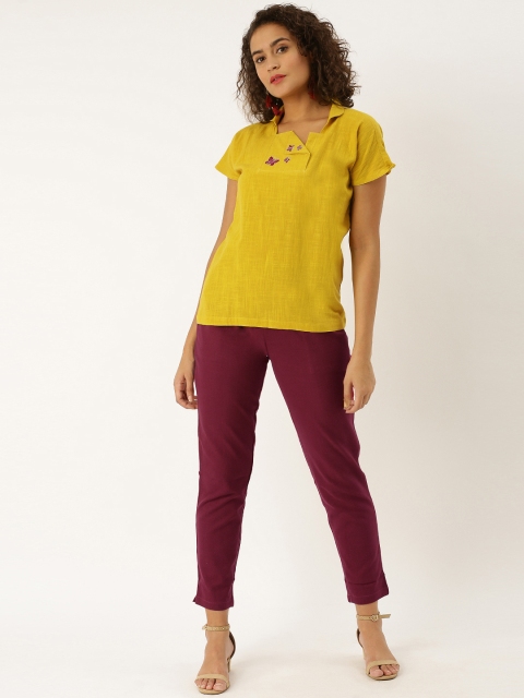 

Jaipur Kurti Women Mustard Yellow & Maroon Solid Top with Trousers