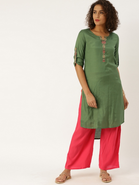 

Jaipur Kurti Women Olive Green & Pink Solid Kurta with Palazzos