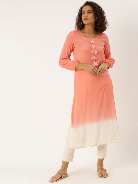 

Jaipur Kurti Women Peach-Coloured & Off-White Dyed Ombre Kurta with Trousers