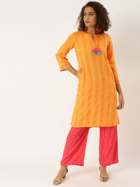 

Jaipur Kurti Women Mustard Yellow & Pink Striped Kurta with Palazzos