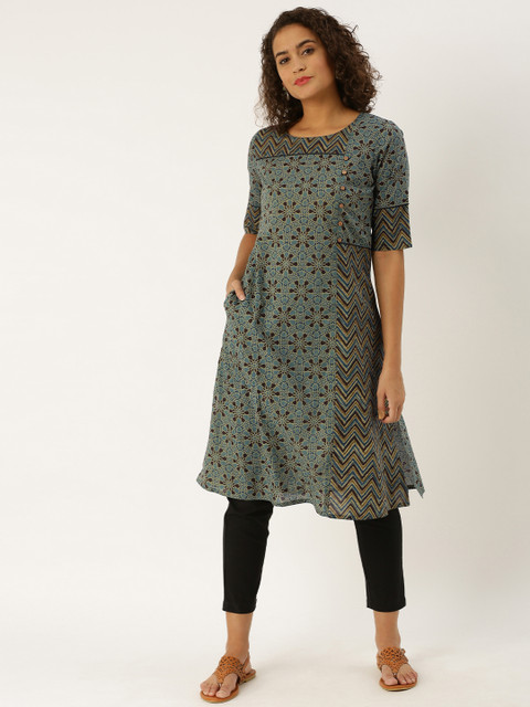 

Jaipur Kurti Women Teal Blue & Black Printed Kurta with Trousers
