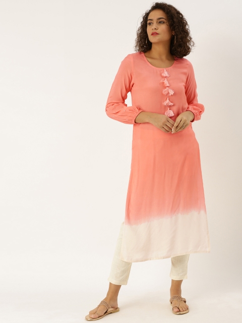 

Jaipur Kurti Women Peach-Coloured & White Dyed Straight Kurta