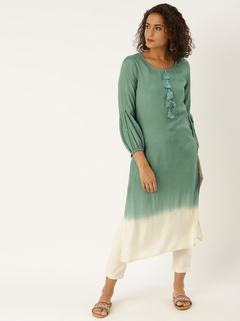 

Jaipur Kurti Women Sea Green & Off-White Dyed Ombre Kurta with Trousers
