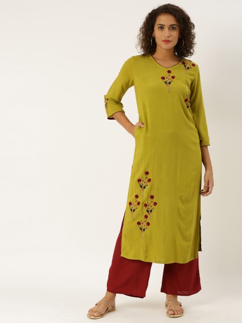 

Jaipur Kurti Women Olive Green Solid Straight Kurta With Embroidery