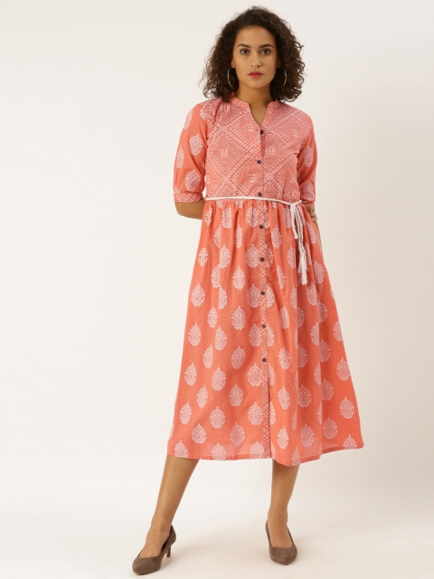 

Jaipur Kurti Women Peach-Coloured & White Printed Fit and Flare Dress