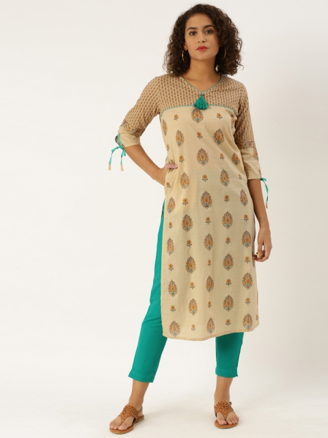 

Jaipur Kurti Women Beige & Green Printed Kurta with Trousers